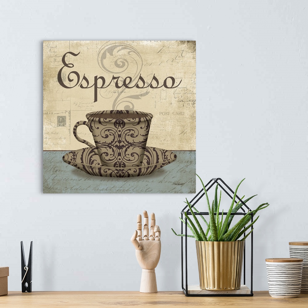 A bohemian room featuring Square cafe decor with an illustration of a decorative coffee cup on a saucer in brown tones, "Es...