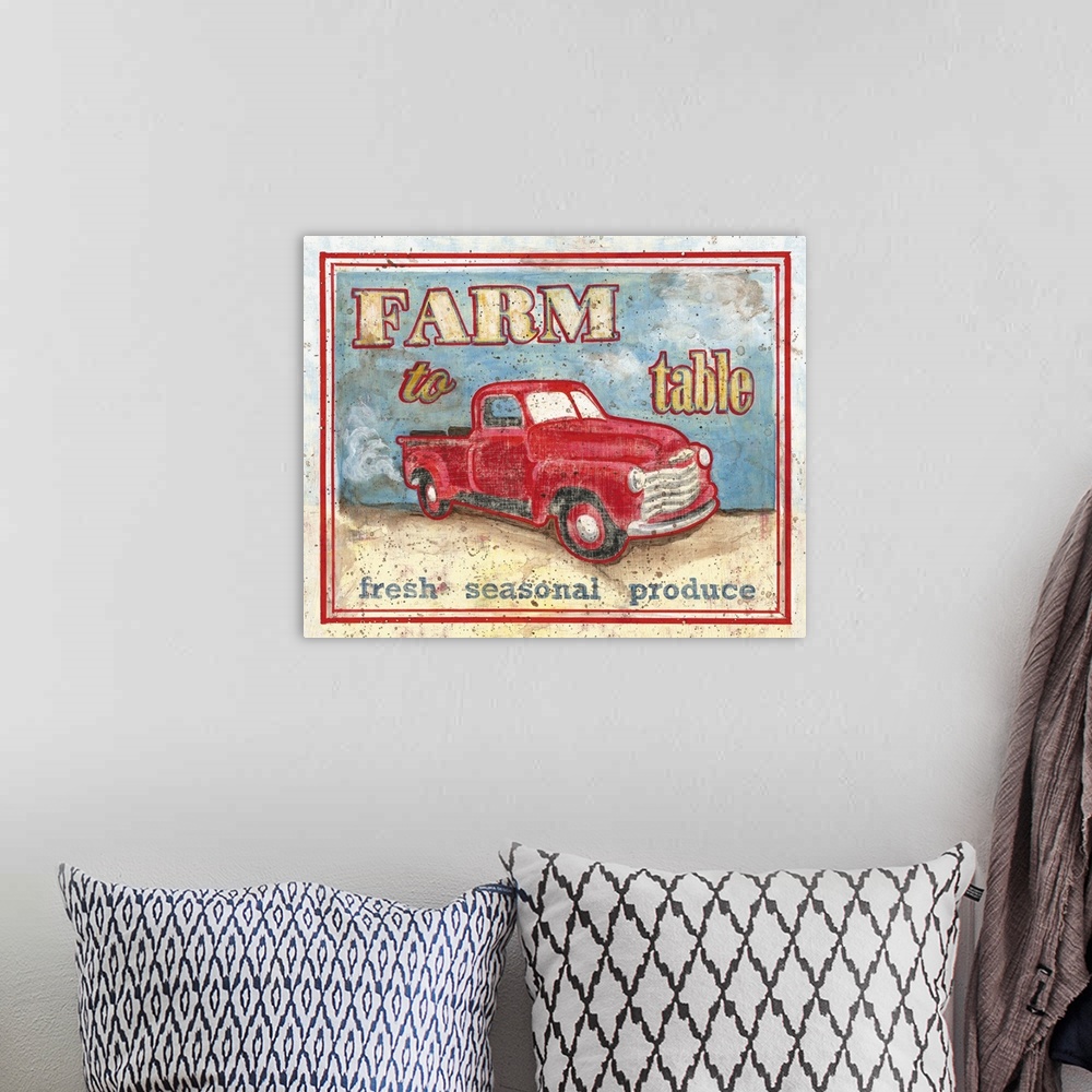 A bohemian room featuring Vintage "Farm to Table" kitchen sign with a red truck.