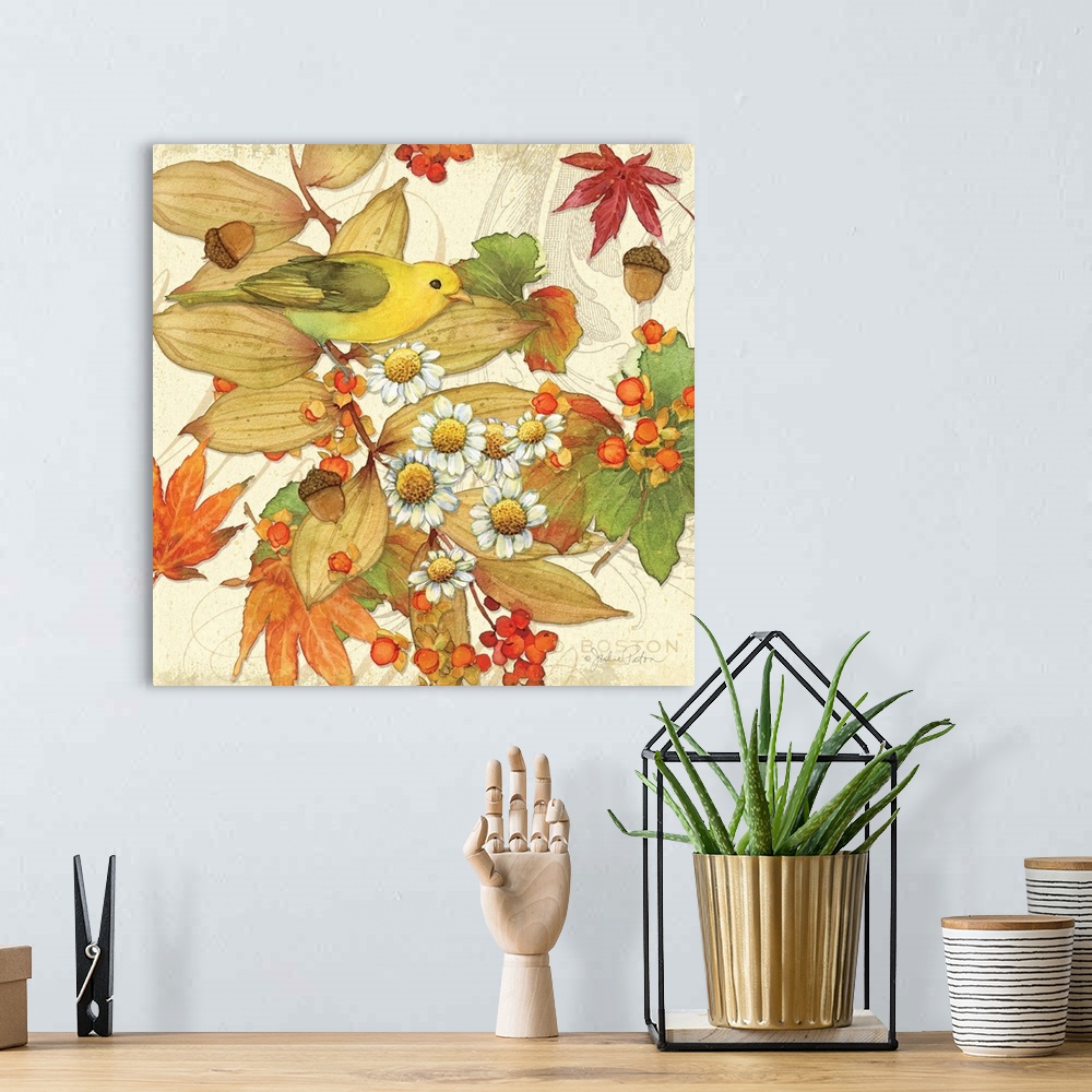 A bohemian room featuring Square Autumn decor with a watercolor painting of a yellow bird amongst Fall leaves, flowers, and...