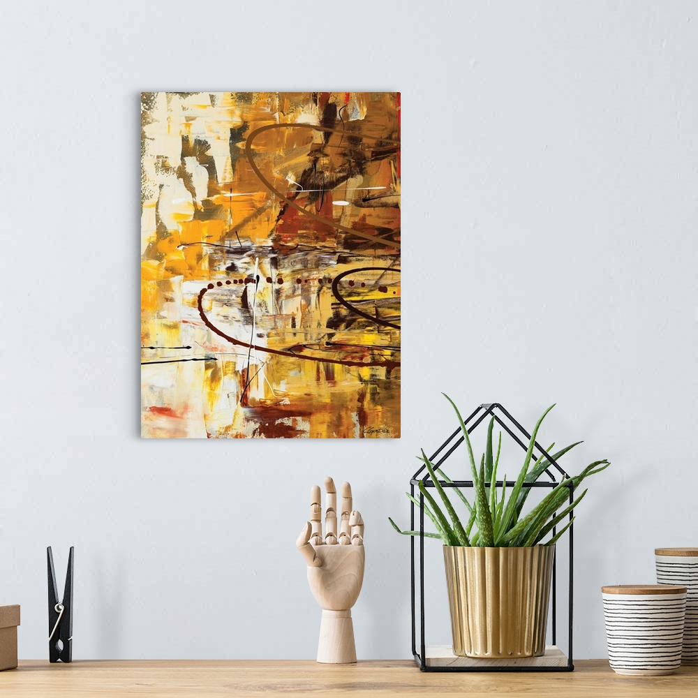 A bohemian room featuring Modern abstract painting in shades of brown, yellow, and white with thin sideways arched lines on...