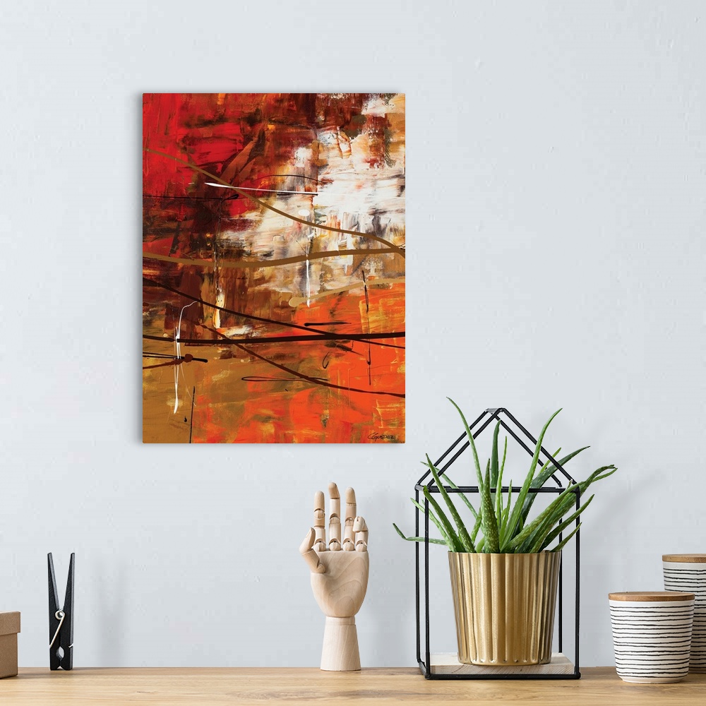 A bohemian room featuring Modern abstract painting in shades of brown, orange, yellow, red, and white with thin lines of da...