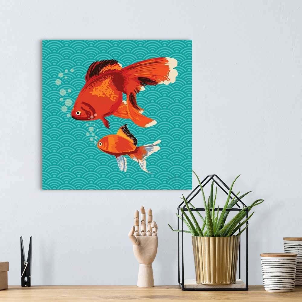 A bohemian room featuring Square illustration with two goldfish swimming on a teal patterned background.