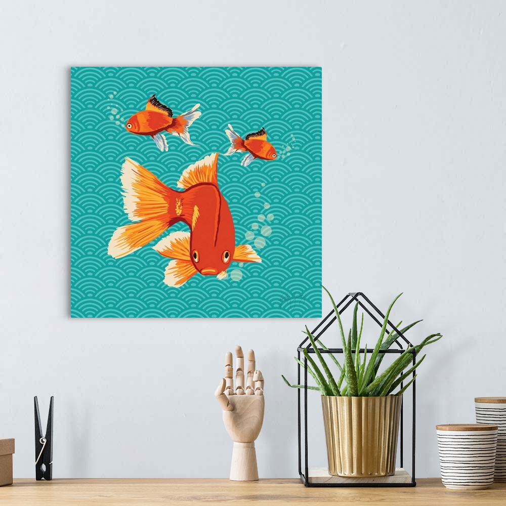 A bohemian room featuring Square illustration with two goldfish swimming on a teal patterned background.