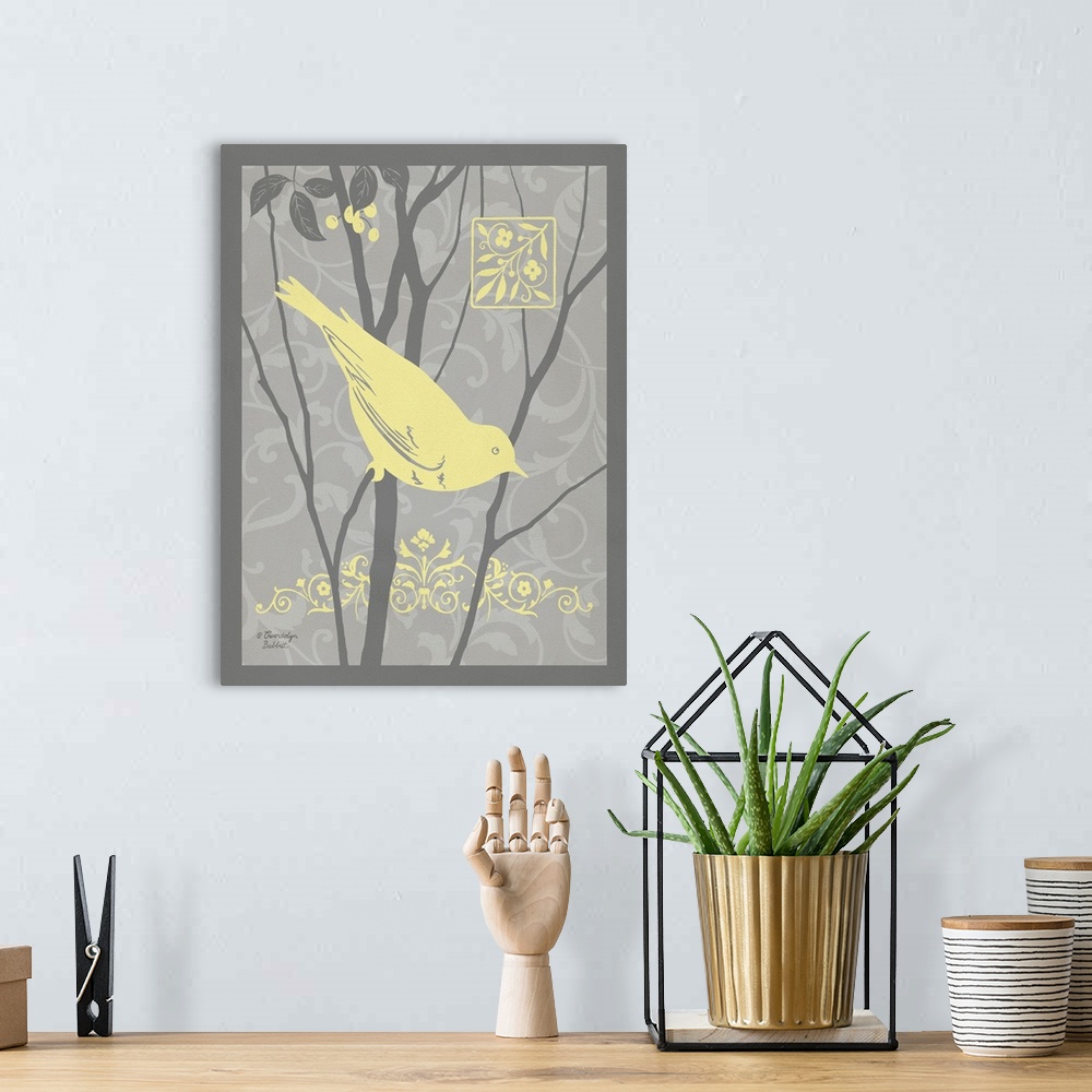A bohemian room featuring Illustration of a bird on a branch in yellow and gray tones.
