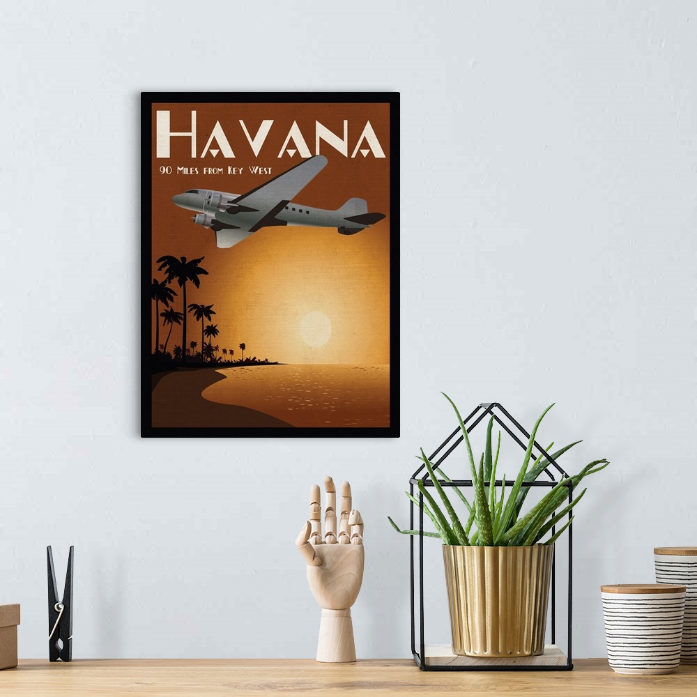 A bohemian room featuring Havana travel poster in orange, brown, and black hues with a plan flying overhead.