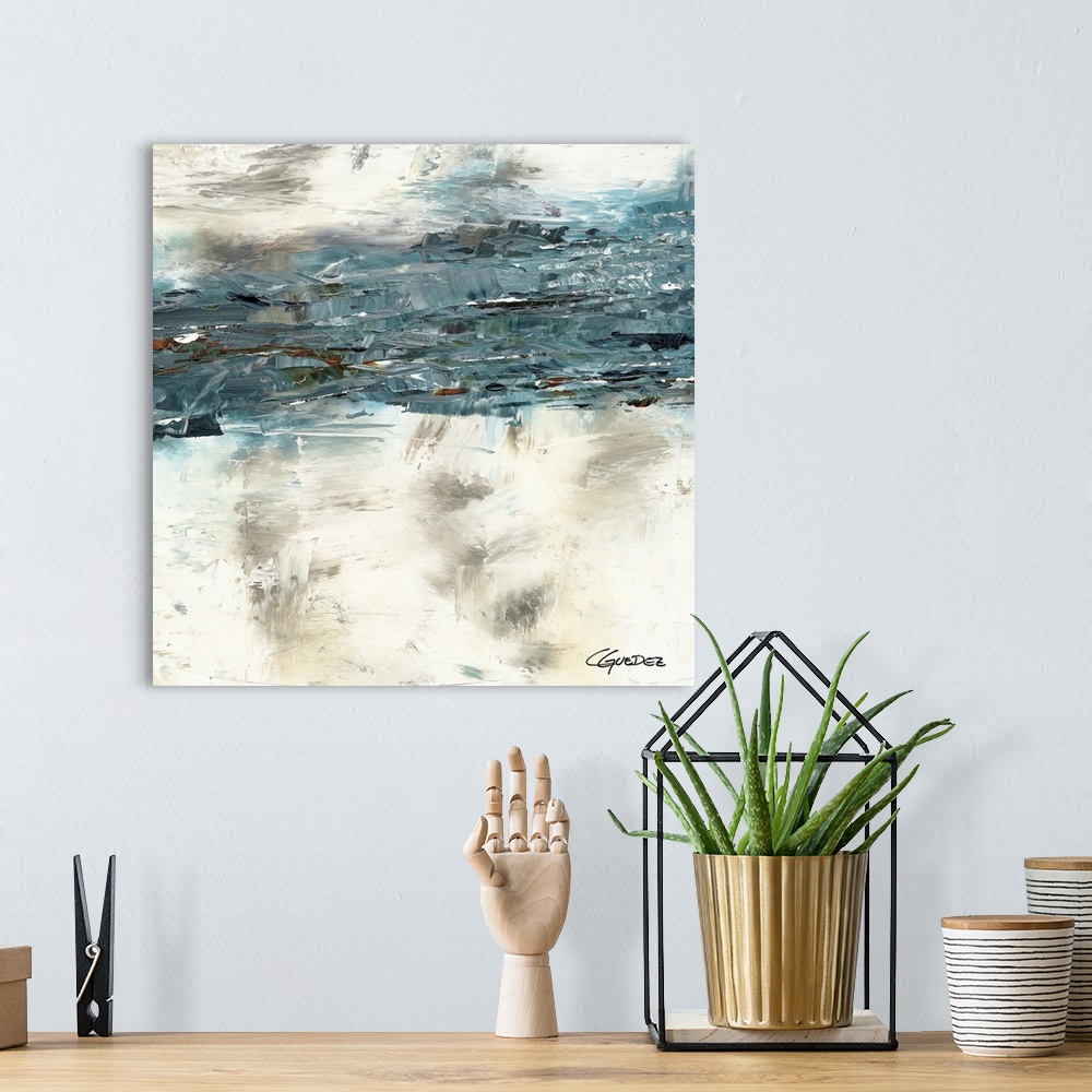A bohemian room featuring Square abstract painting that has thick layers of teal blue brushstrokes with hints of black, whi...