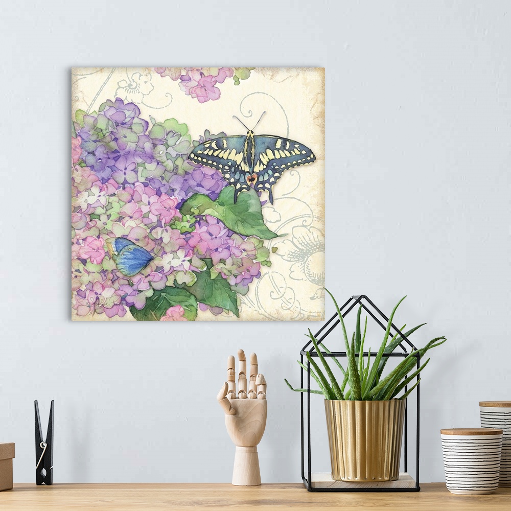 A bohemian room featuring Square painting of purple and pink hydrangeas and two butterflies on top of an antique styled bac...