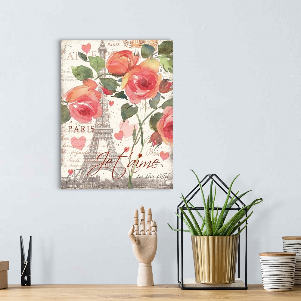 A bohemian room featuring Watercolor painted pink roses on top of an illustration of the Eiffel Tower surrounded by pink he...