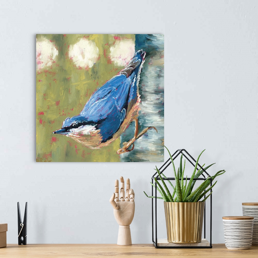A bohemian room featuring Contemporary painting of a nuthatch bird on a tree trunk.