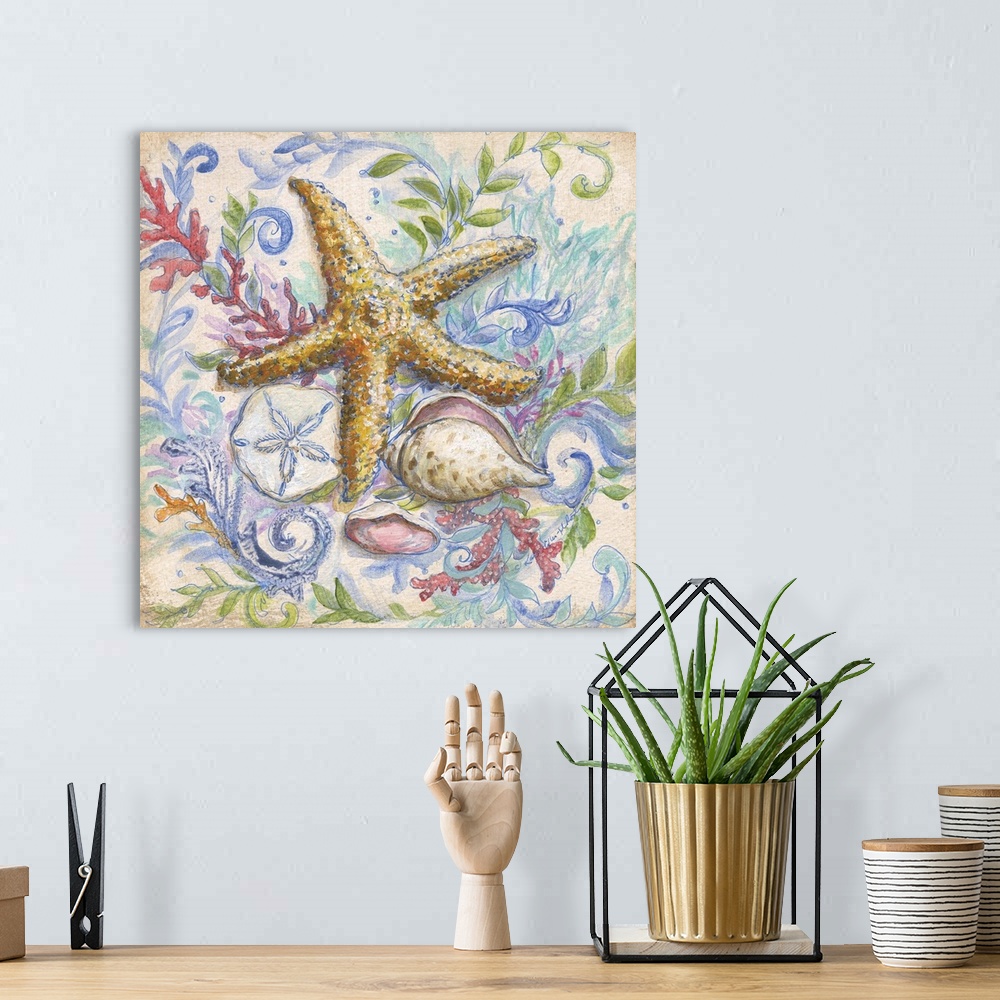 A bohemian room featuring Square beach themed painting of a starfish surrounded by seashells, seaweed, coral, and a sand do...