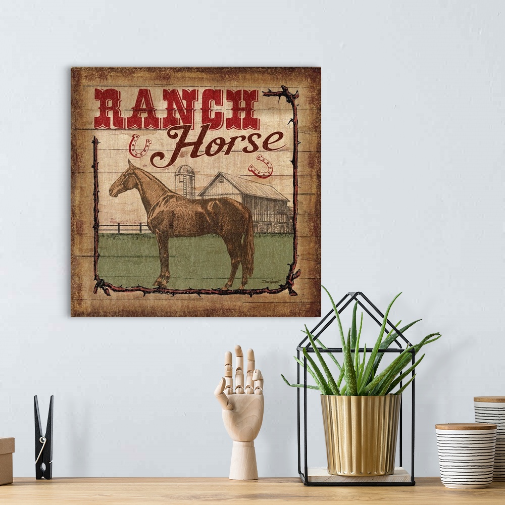 A bohemian room featuring Square decor with an illustration of a horse and "Ranch Horse" written at the top.