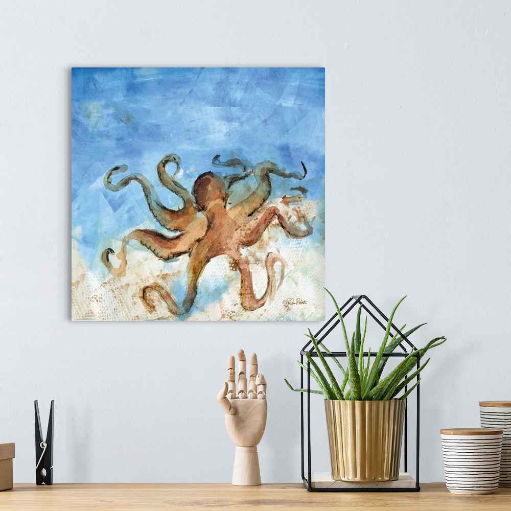 A bohemian room featuring Square watercolor painting of a brown and tan octopus with a blue ocean background and a white an...