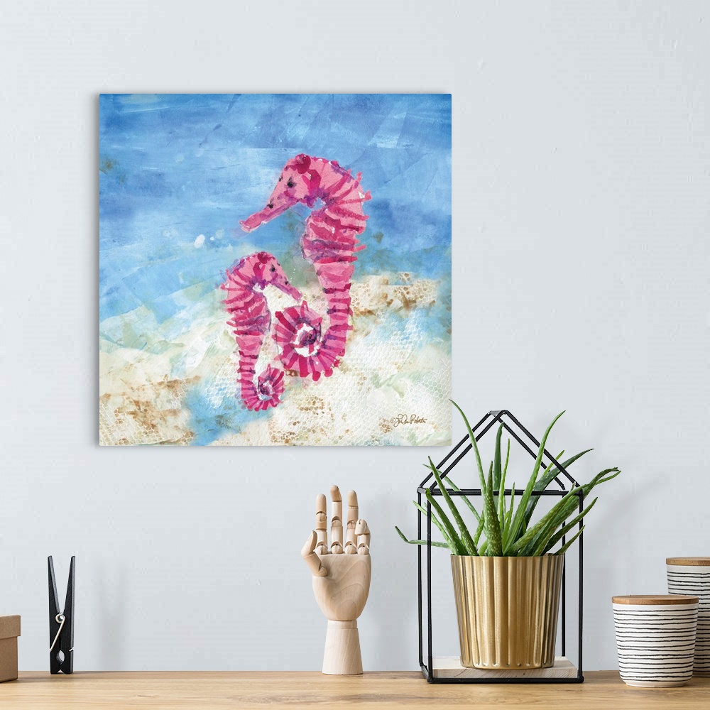 A bohemian room featuring Square watercolor painting of two pink striped seahorses in the ocean.