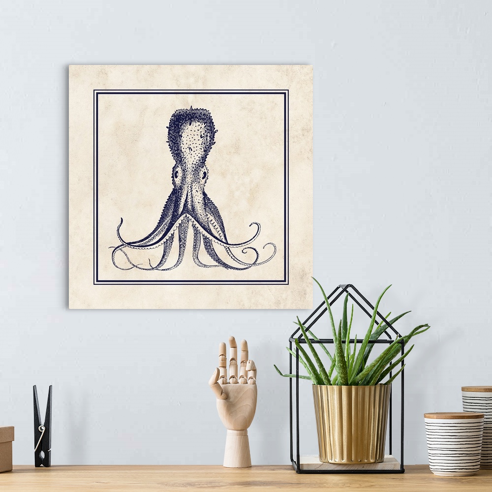 A bohemian room featuring Square illustration of a detailed octopus in navy blue and cream.