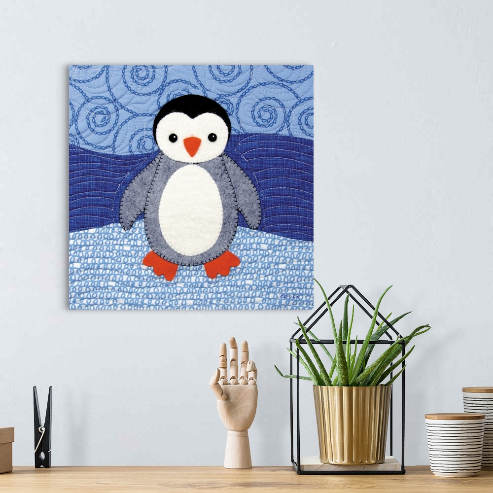 A bohemian room featuring Square sewn art with a penguin on a blue patterned background.