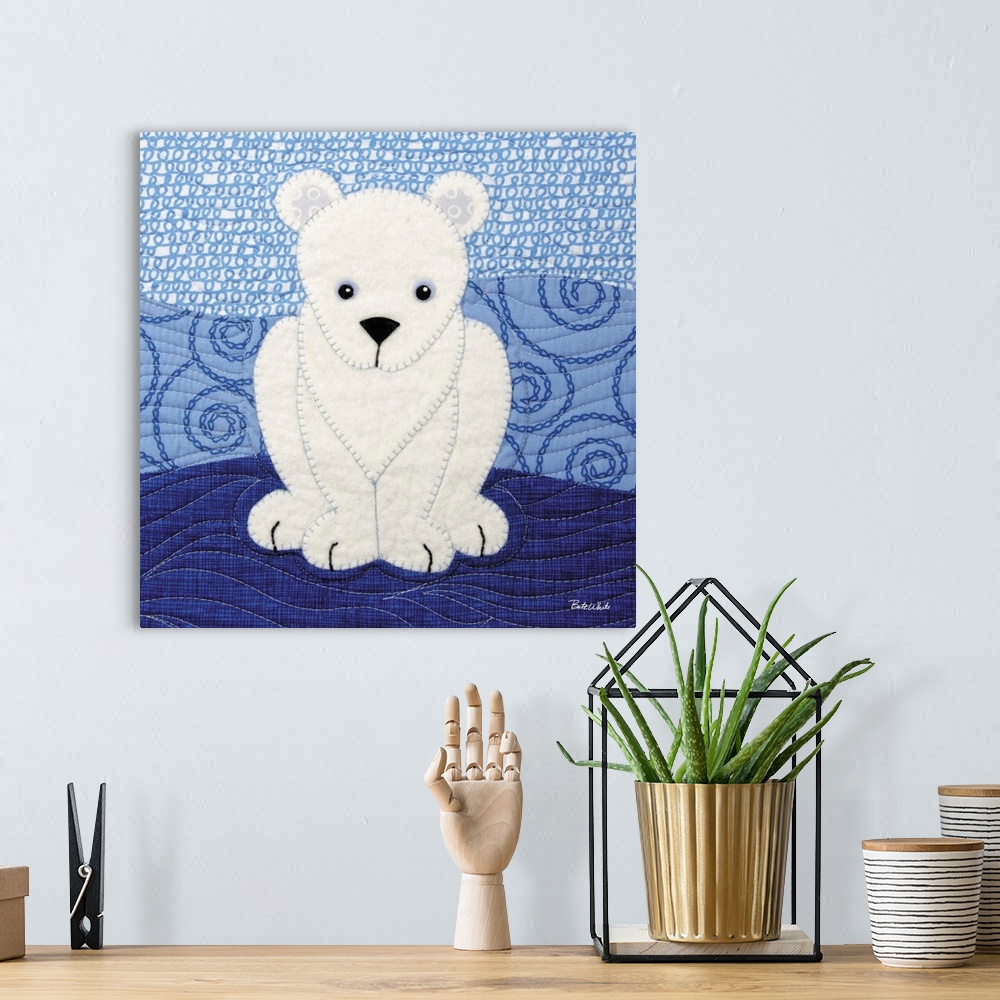 A bohemian room featuring Square sewn art with a polar bear on a blue patterned background.