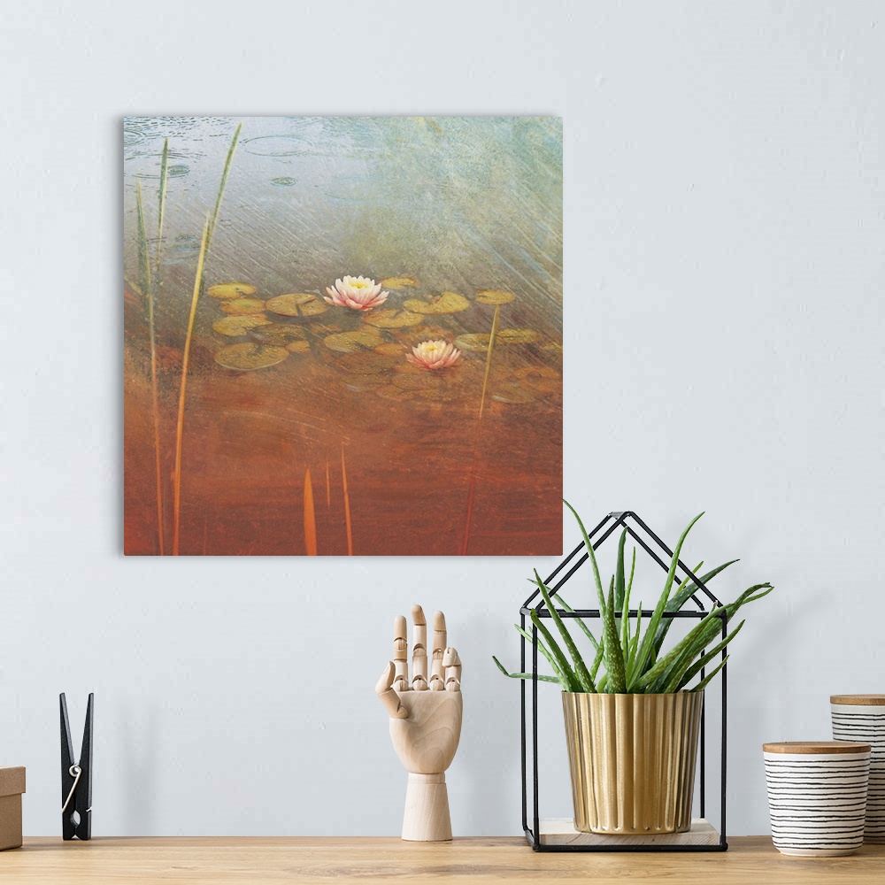 A bohemian room featuring Large contemporary art shows a variety of high grass and lily pads sitting on calm water.  Artist...