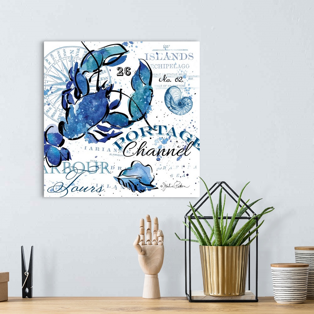 A bohemian room featuring Square beach themed art in shades of blue on a white background.