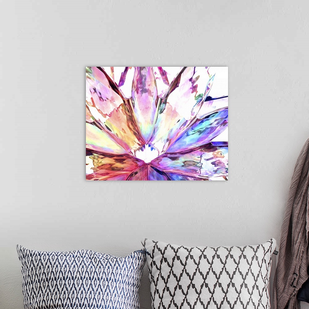 A bohemian room featuring Colorful photograph of light shining through glass in the shape of flower petals.