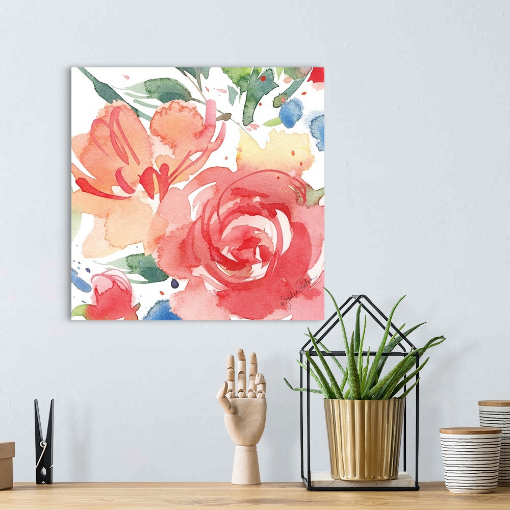 A bohemian room featuring Square watercolor painting of roses with green and blue leaves on a white background.