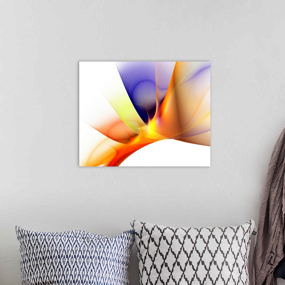A bohemian room featuring Abstract photograph of spiking waves of color.