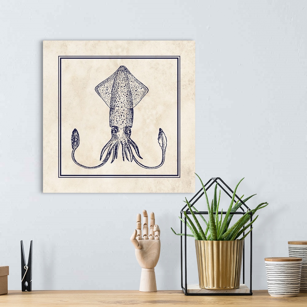 A bohemian room featuring Square illustration of a detailed squid in navy blue and cream.