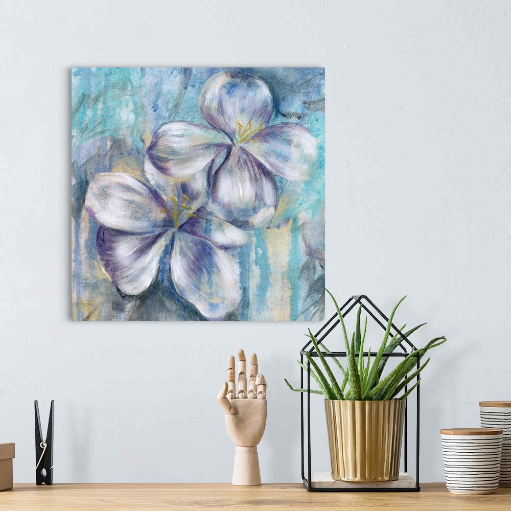 A bohemian room featuring Square painting of two purple and white flowers on a blue and yellow background.