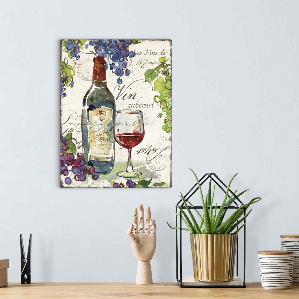 A bohemian room featuring Illustration with red and green grapes framing in a bottle of cabernet and a glass of wine on a c...