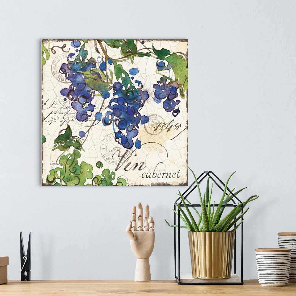 A bohemian room featuring Square wine decor with a watercolor painting of purple and green grapes on a cracked background w...