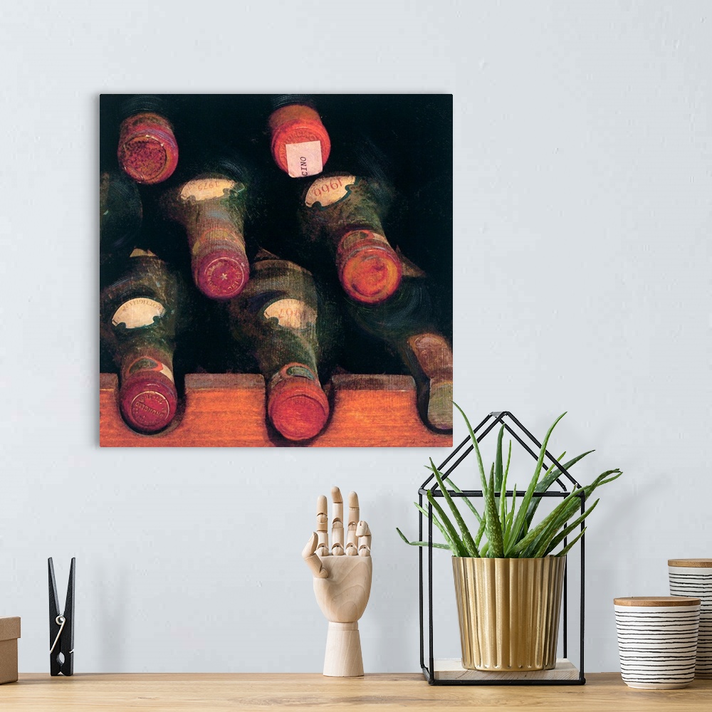 A bohemian room featuring Giant canvas art shows a group of eight wine bottles resting within an underground room for safe ...