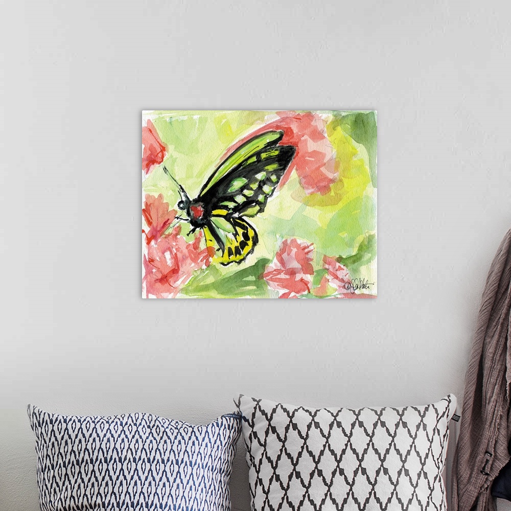 A bohemian room featuring Watercolor painting of a green and yellow butterfly surrounded by pink abstract flowers with a ba...