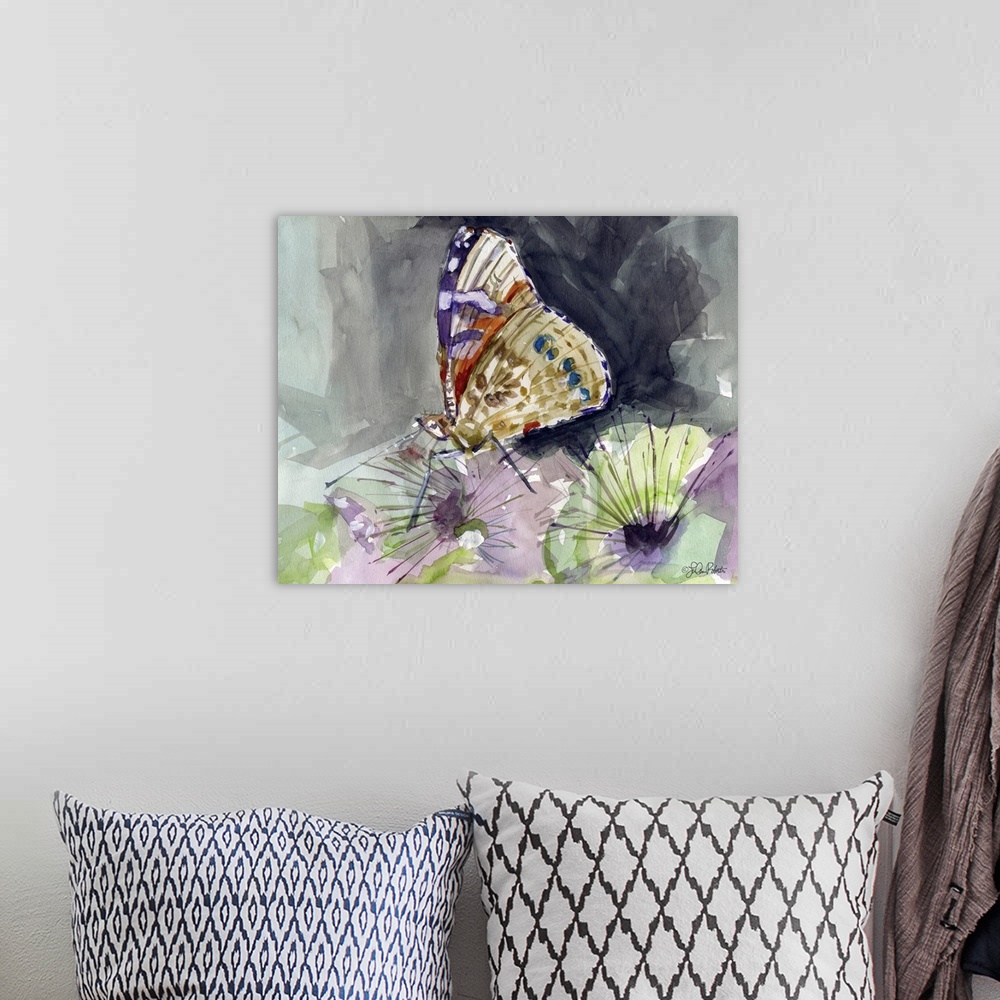 A bohemian room featuring Contemporary watercolor painting of a colorful butterfly with purple and green flowers.