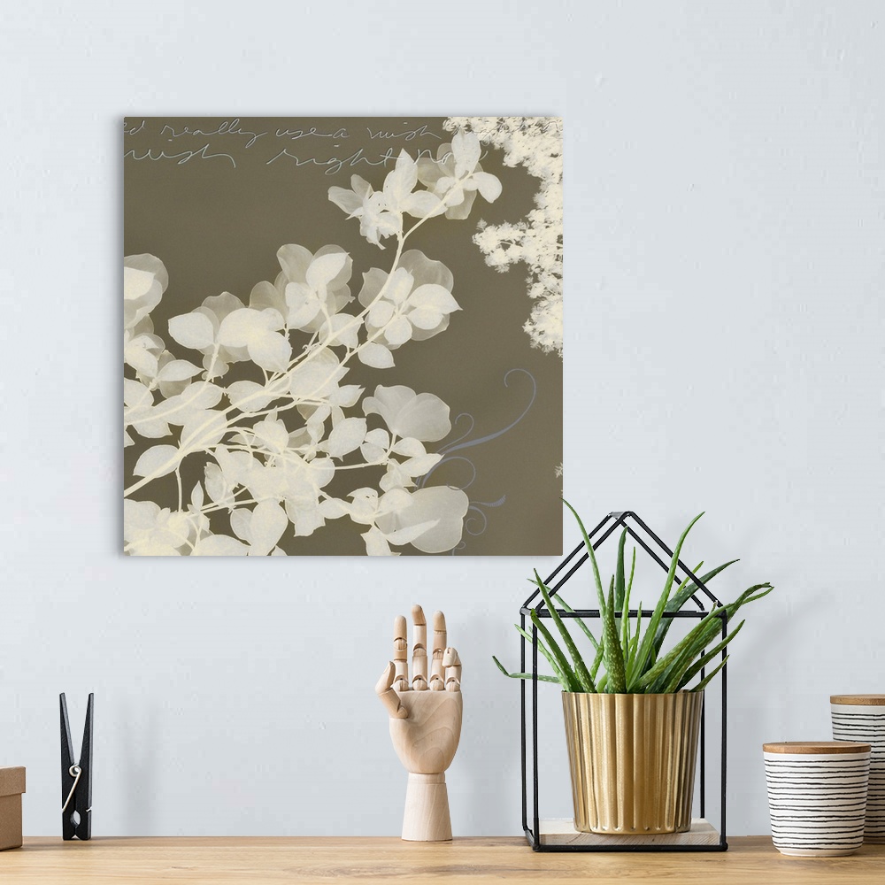 A bohemian room featuring Big square shaped canvas illustration consisting of flowers and inspirational text.