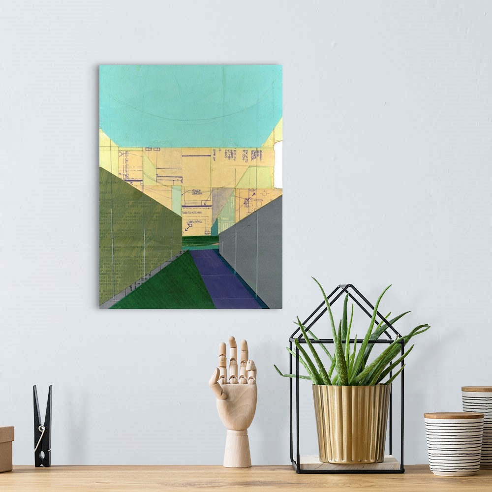 A bohemian room featuring Abstract cityscape collage using vintage cut paper and oil paint. Colorful blue, green, and yello...