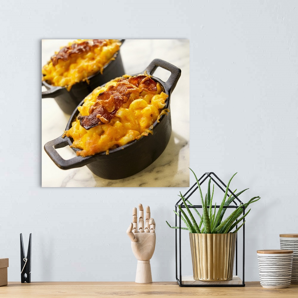 A bohemian room featuring Macaroni and cheese with bacon in casserole, close-up