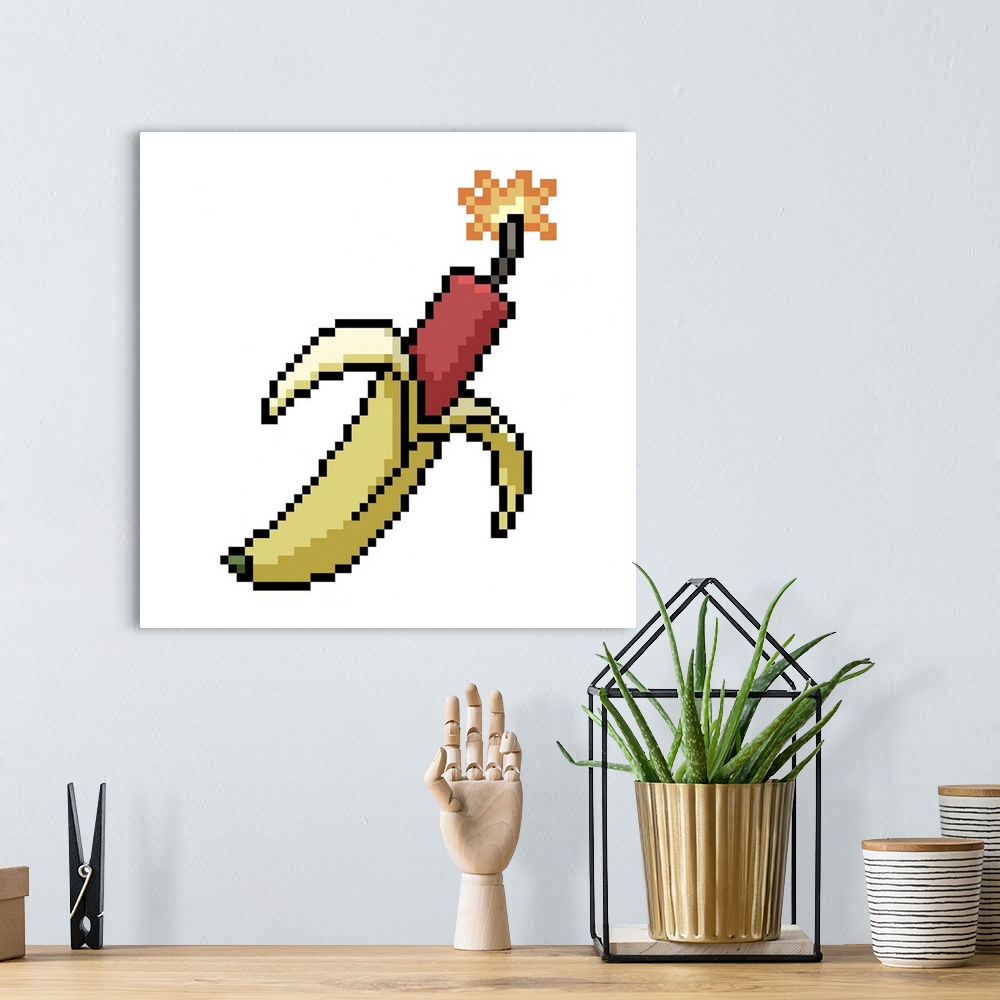 A bohemian room featuring vector pixel art banana dynamite isolated cartoon