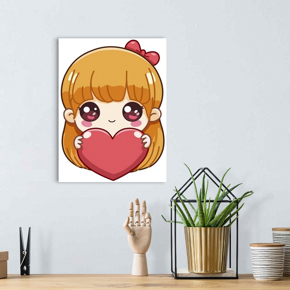A bohemian room featuring Cute little girl holding a big heart in a chibi style.