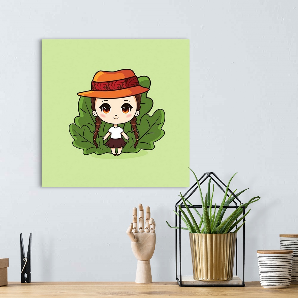 A bohemian room featuring Cute and kawaii girl in hat. Happy manga chibi girl with leaves. Originally a vector illustration.