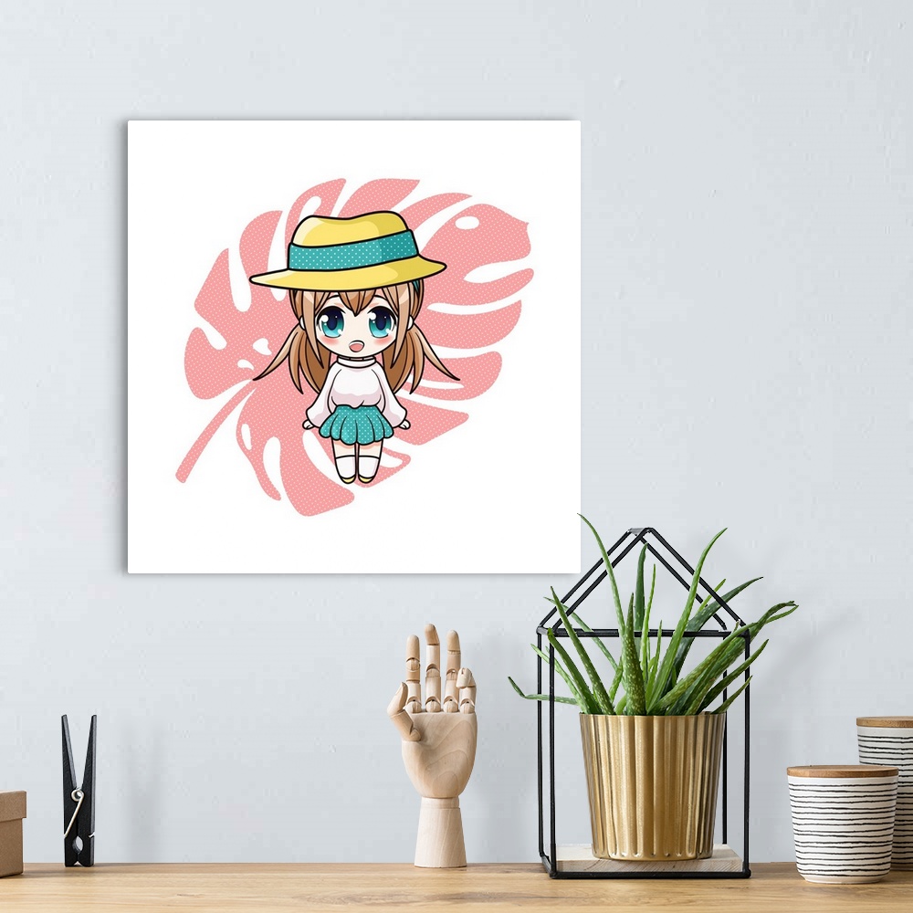 A bohemian room featuring Cute and kawaii girl in hat. Happy manga chibi girl with monstera leaf. Originally a vector illus...