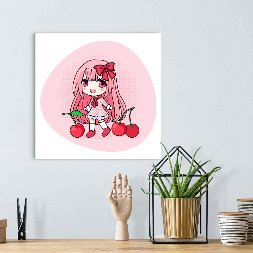 A bohemian room featuring Cute and kawaii girl with pink hair. Happy manga chibi girl with cherries. Originally a vector il...