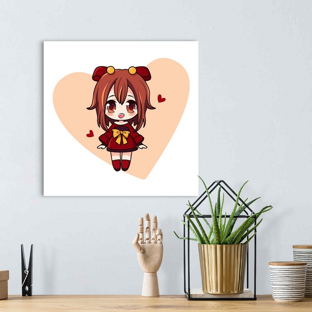 A bohemian room featuring Cute and kawaii girl in dress with hearts. Happy manga chibi girl with red hearts. Originally a v...