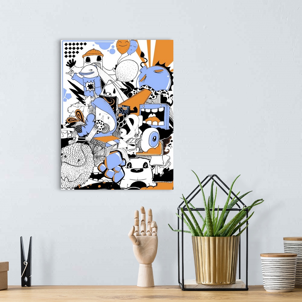 A bohemian room featuring Blue and orange pastel coloured graffiti style illustration. Character, pattern, shapes and object.