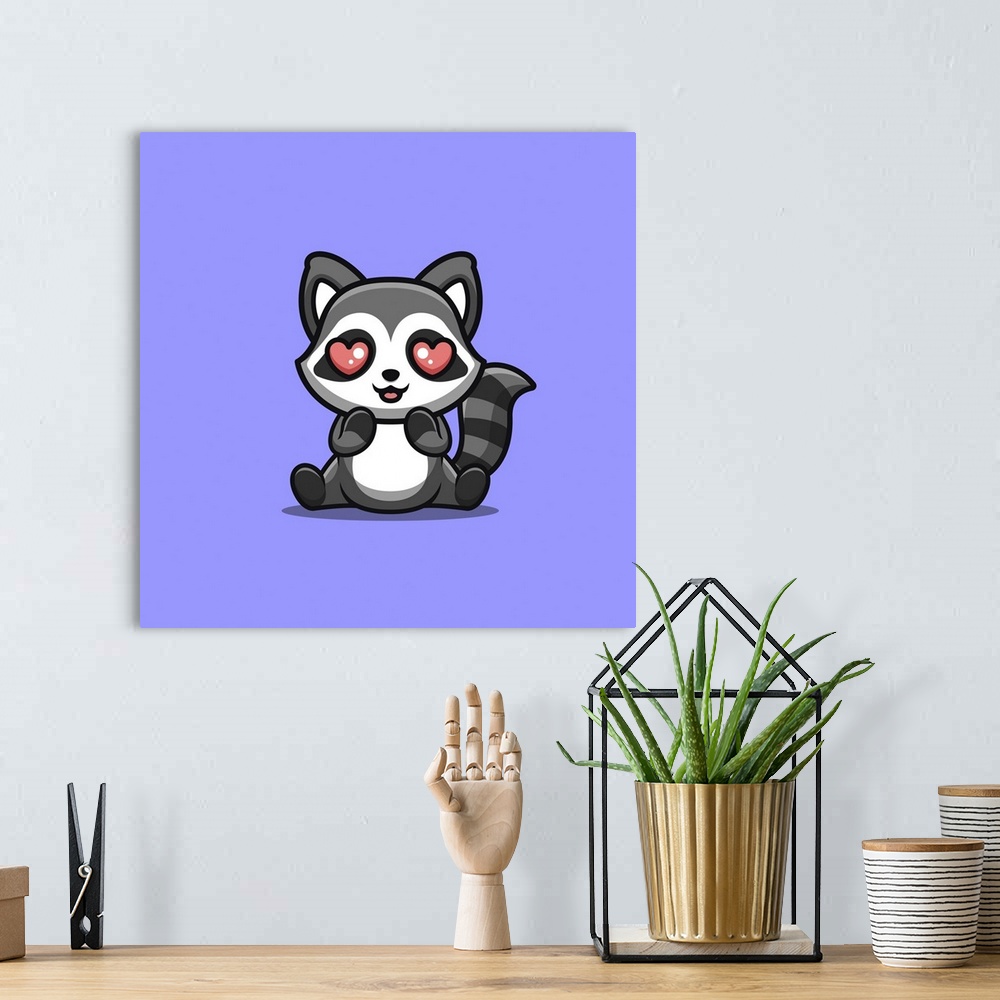 A bohemian room featuring Raccoon sitting shocked. Cute, creative kawaii cartoon mascot.