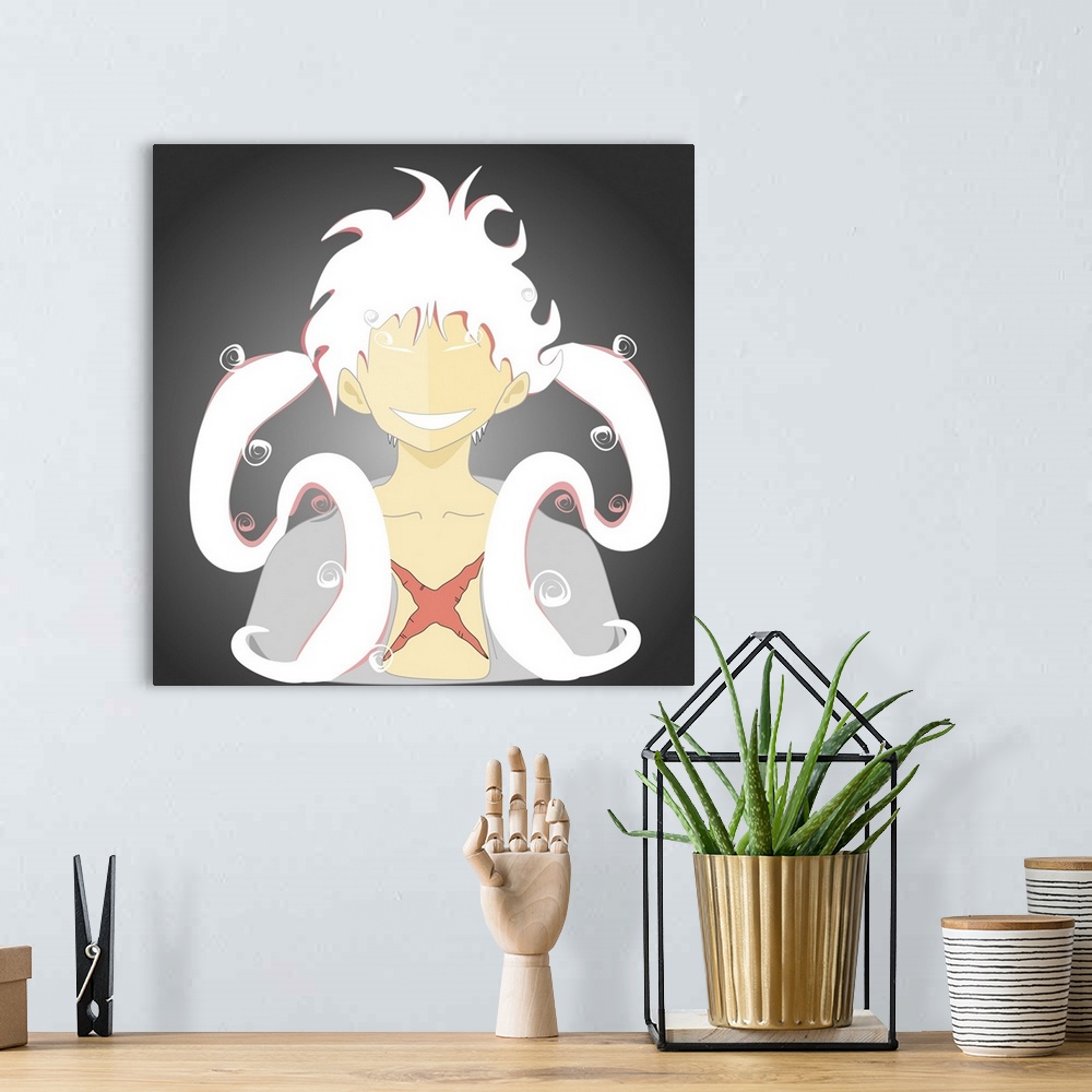 A bohemian room featuring Fan art of characters from anime.