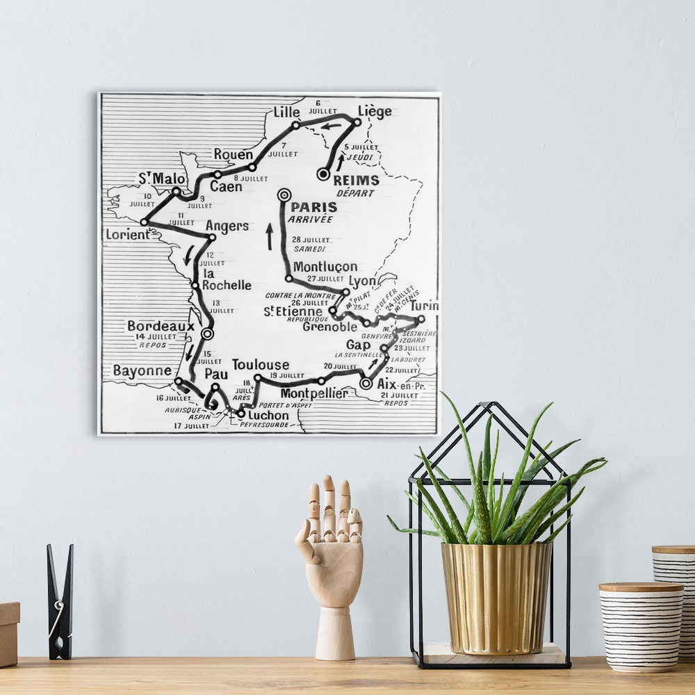 A bohemian room featuring This map shows the route of the 1956 version of the famed Tour De France bicycle race. The race w...