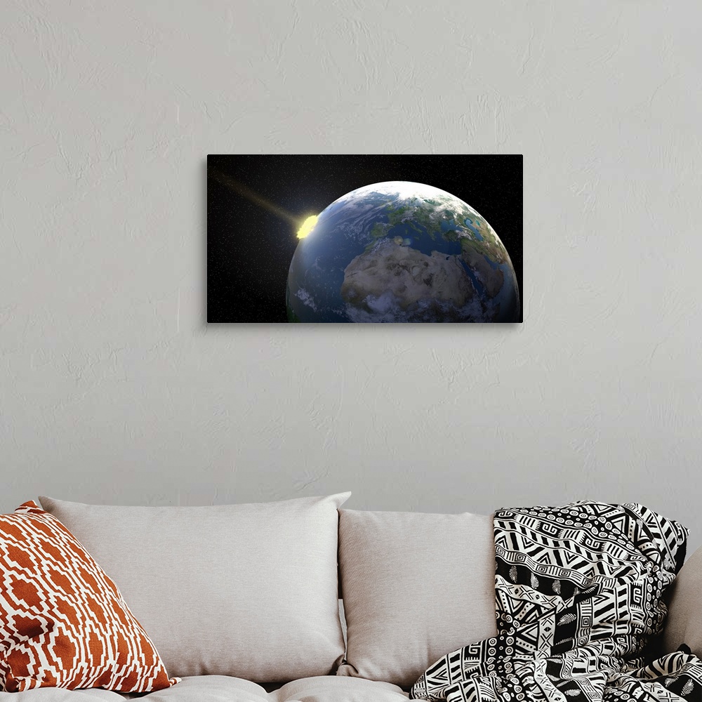 A bohemian room featuring Meteor impacting Earth, computer artwork.