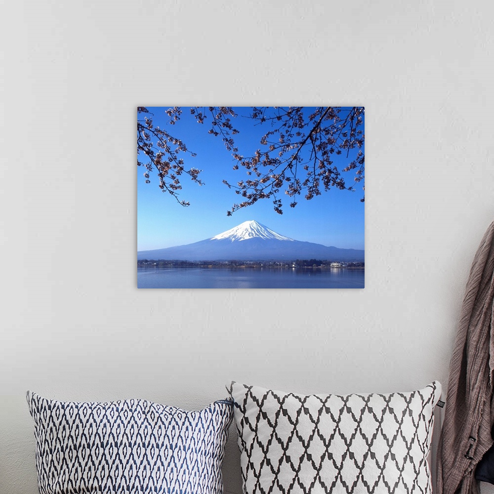 A bohemian room featuring Cherry blossom with Mount Fuji and Lake Kawaguchi in background, Fuji-Hakone-Izu National Park, J...