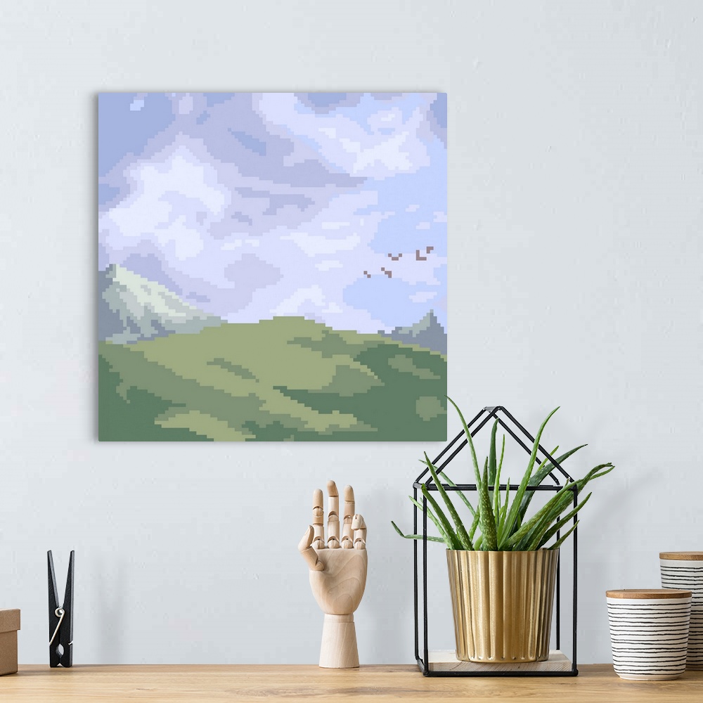 A bohemian room featuring Mountain Landscape Pixel Art