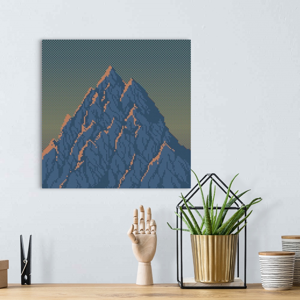 A bohemian room featuring Mountains At Sunrise Pixel Art