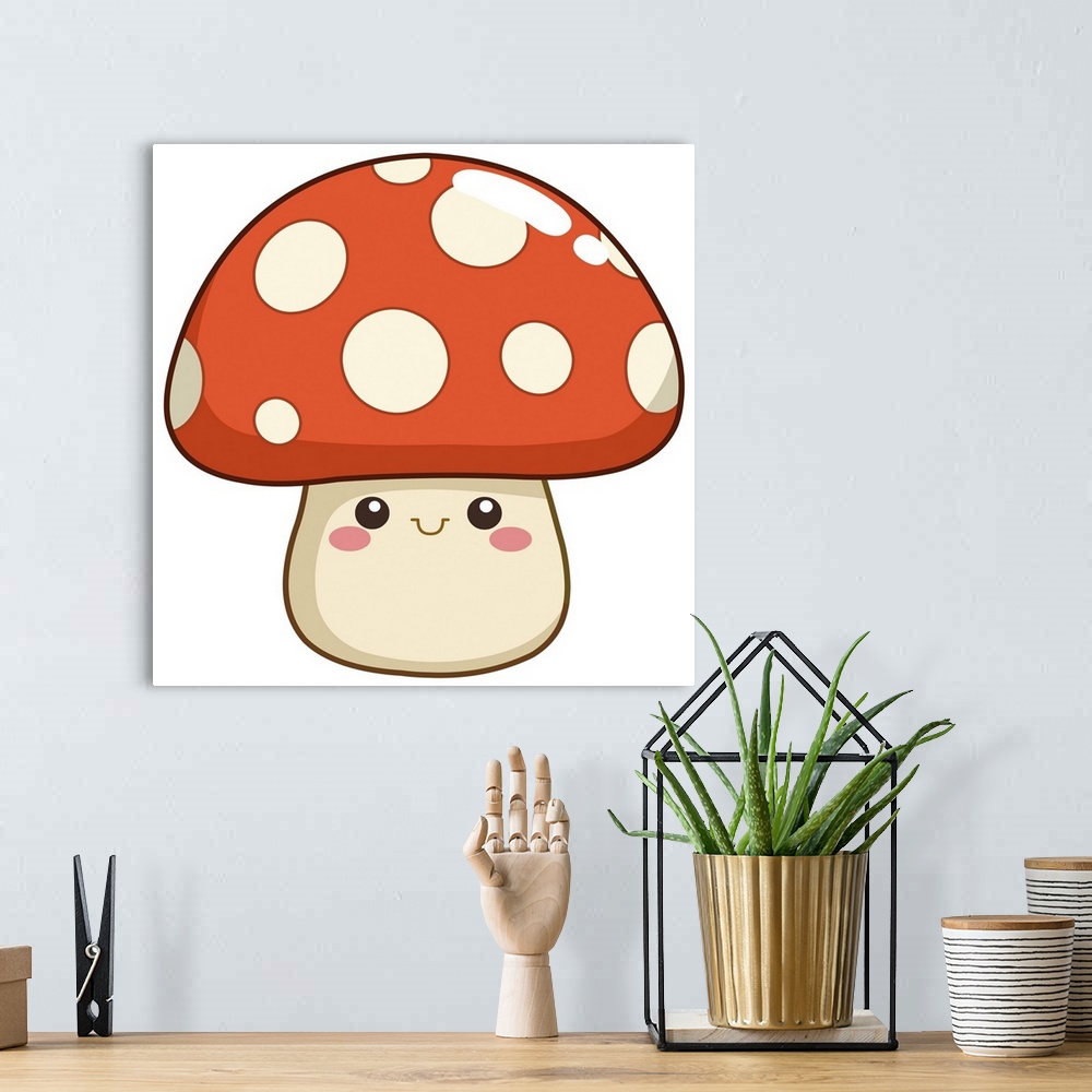 A bohemian room featuring Smiling mushroom character in a kawaii style.
